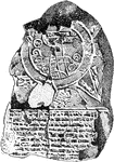 "A tablet of dark brown clay, much injured, dating from the 8th or 7th century B.C. The two large concentric circles indicate the ocean, or, as it is called in the cuneiform writing between the circles, the 'Briny Flood.' Beyond the ocean are seven successive projections of land, represented by triangles. Perhaps they refer to the countries existing beyond the Black Sea and the Red Sea. The two parallel lines within the inner circle represent the Euphrates. The little rings stand for the Babylonian cities in this region."&mdash;Webster, 1913