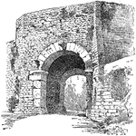"The Italian city of Volterra still preserves in the Porta dell' Arco an interesting relic of Ertuscan times. The archway, one of the original gates of the ancient town, is about twenty feet in height and twelve feet in width. On the keystone and imposts are three curious heads, probably representing the guardian deities of the place."—Webster, 1913
