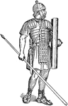 "From a monument of the imperial age. The soldier wears a metal helmet, a leather doublet with shoulder-pieces, a metal-plated belt, and a sword hanging from a strap thrown over the left shoulder. His left hand holds a large shield, his right, a heavy javelin."&mdash;Webster, 1913