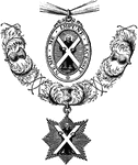 "The Jewel or Badge, attached to the collar, or worn depending from a broad dark green ribbon which crosses the left shoulder, is formed of a figure of St. Andrew, of gold enamelled, his surcoat purpure, and his mantle vert, bearing before him his own cross saltire, the whole being irradiated with golden rays, and surrounded by an oval bearing the motto, 'nemo me impune lacessit.''"&mdash;Aveling, 1891