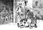 Two men in a kennel grooming a dog.