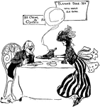 A cartoon of a woman serving a shoe on a plate to a man sitting at a table.