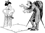 A cartoon of a young girl sitting on a stool, while a man takes her photograph.