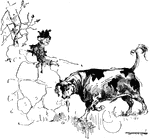 A cartoon of a young boy sitting on rocks next to a cow.