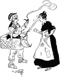 A cartoon of a man holding a basket with a fish in it, with a woman looking at the fish.