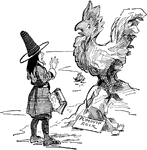 A cartoon of a pilgrim standing in front of a statue of a turkey, with a sign saying Plymouth Rock underneath it.