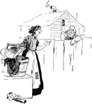 A cartoon of two elderly women washing laundry and talking over a fence.