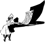 A cartoon of a young woman carrying a tray, which holds an oversized playing card of a King of Hearts.