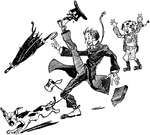 A cartoon of a man being tripped by a dog on a leash. He drops his umbrella, hat, and book while a young boy cheers behind him.