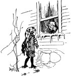 A cartoon of two young boys on a snowy day. One boy is standing outside, looking through a window to another boy.