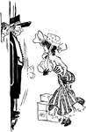 A cartoon of a woman talking to a train conductor, with a pile of packages at her feet.