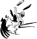 A cartoon of a woman slipping, dropping her package and her umbrella.