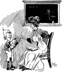 A cartoon of a schoolteacher and a young boy, who is holding open a book. A chalkboard decorates the background behind them.