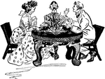A cartoon of three people, two men and one woman, sitting at a table.