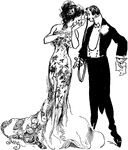 A cartoon of a young lady standing next to a man dressed in a suit.