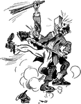 A cartoon of two men fighting with sticks and books.