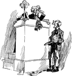 A cartoon of a judge sitting behind a podium with a handkerchief in one hand, a prosecutor standing on the opposite side of the podium.