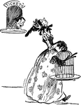 A cartoon of a woman walking with her nose up in the air, while she carries a bird in a cage. She is walking past a ticket booth, where a man is sticking his head out of the window and smiling.
