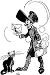 A cartoon of a man holding an envelope in one hand and a steaming tea kettle in the other hand. A cat sits at his feet.