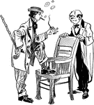 A cartoon of two man standing next to a chair. One man has one leg propped up on the chair while smoking a cigarette.