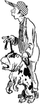 A cartoon of a young boy in a hat holding a dog on a leash.