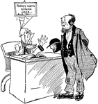 A cartoon of two men at a desk. One man is sitting behind the desk, while the other is standing on the other side with a hat in one hand.