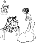 A cartoon of a woman teaching to two bears, who are sitting on a bench and reading books.