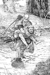 Friar Tuck carrying Robin Hood on his back.