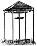 The food house consists of a roof on four corner posts with upper and lower food tables. The lower is used only when the birds have discovered the upper table.