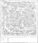 Illustrated is the ground plan of a landscape cemetery.