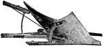Illustrated is the bottom view of a steel moldboard plow.