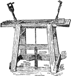Illustrated is a press for box fruit. The clamps are worked by a foot lever. The clamps press down the cover until it can be nailed.