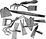 Illustrated are various forms of hand hoes. At the top is a weeder and one form of scuffle hoe. The bottom left shows a common scuffle hoe; below it is a hand cultivator. Other special hoes are also pictured.