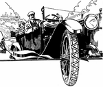 An illustration of an antique automobile with a tire in the foreground. The steering wheel is on the right with a man wearing a driving cap behind the wheel.