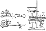 The first image is of clamps used in chemistry labs to hold test tubes and other apparatuses. The second image is of a stand that one would place small samples or liquids in order to measure them with greater accuracy.