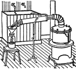 The still takes in a mixed substance, boils it, and cools, causing the vapor to condense. This ultimately makes the substance more concentrated. This particular model was invented by Joseph P. Remington.