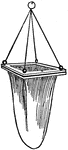 A strainer that is typically used to strain solids from a liquid, like sand from water. A common example of a strainer is a coffee filter, in which water comes in, mixes with the coffee grains and proceeds to fall below into the pot, with the solid grounds strained out/left behind.