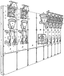 A picture of a railway switchboard that handles 500-volt direct currents. The switchboard consists of three generator panels (A), one total output panel (B), and five feeder panels (C).