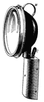 A hood light that would typically be seen on a trolley in the early twentieth century. P is adjustable and can be changed, S is a socket that is a trolley car fixture, C is a cap that shuts down when P is taken out of S. H is the handle.