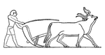An hieroglyph-style drawing of a plow and plowman. A plow was a device used to make furrows in the earth for agricultural purposes.