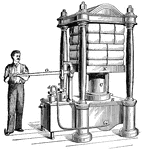 A hydraulic press which uses a hydraulic cylinder to generate force. The inventor of the device, Joseph Bramah, had also developed the flush toilet and studied the motion of the fluids in the toilet and developed the press to test it. O is a lever, which forces down piston a upon the water in cylinder A. The water goes through tube d into the cylinder where piston C works, causing it to rise which lifts platform K and compresses bales.