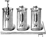 A hollow cylinder carrying a basket at its lower end, which is heavy enough to keep the apparatus upright when placed in water. At the top of the apparatus is a pan for holding weights.