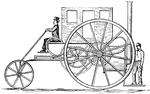 A steam road carriage that was invented in 1802 by Richard Trevithick. The front wheel is half the length of the rear wheels and is situated between the two. The engine is fixed at the center of the boiler. In turn, the fly wheel and spur gear connections are fixed to the drive axle of the engine.