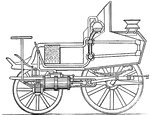 A cross-section view of a steam powered coach. The image reveals the boiler, the cylinders, and the mechanics of the driving wheel.