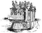 Church's three-wheeled coach, invented in 1833. This diagram was drawn from and old wood cut. It shows the forward spring wheel that is mounted on the steering pivot.
