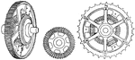 Gears used in an older model car. The sprocket gear (far left) carries three bevel pinions on its three radii. The pinions connect to wheels on either side with the wheels attached at the inner ends of the divided axle shaft (middle).