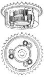 As its name entails, this gear is useful at balancing out automobiles. This gear was employed often at the turn of the twentieth century. The upper image shows a cross section of the gear, the lower a top-down view.