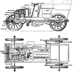 Two views of a cross-sectioned car, one from the side, one from above.