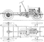 A sectional view of an early model car showing a propeller shaft drive through bevel gears to the rear axle.