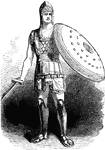 The image of a Roman legionnaire. He is equipped with a dense breastplate, a helm, a large round shield, greaves, and a short sword.